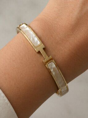 Gold Hinged Bangle Bracelet Mother Of Pearl Inlay Minimal Elegant Stackable Cuff